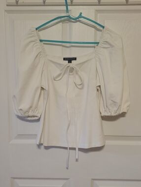 Boston Proper Cream Puff-Sleeve Tie-Front Top